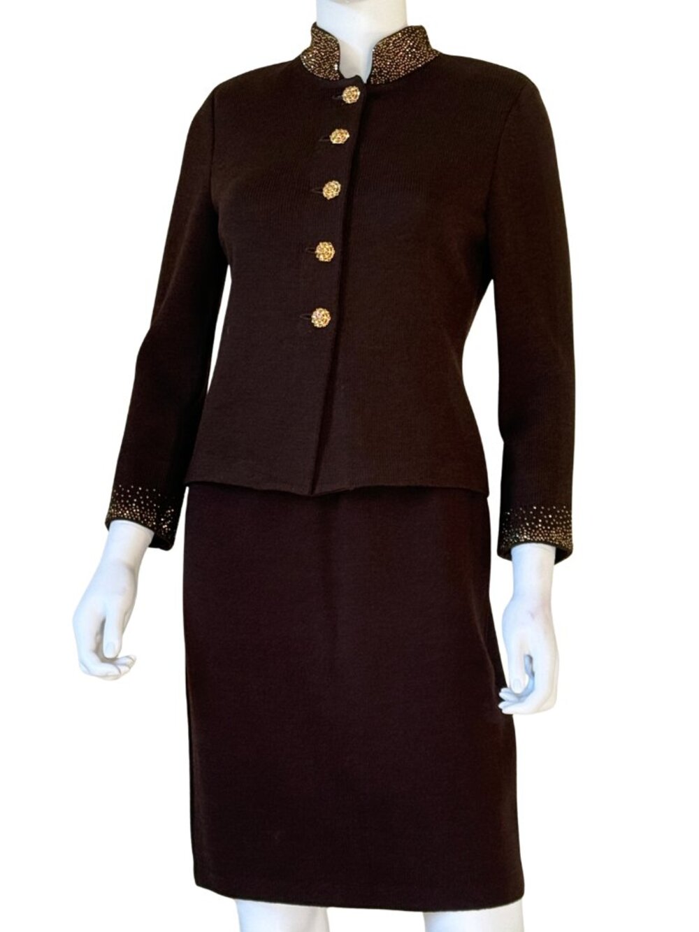 Vintage St John Chocolate Rhinestone Skirt Suit